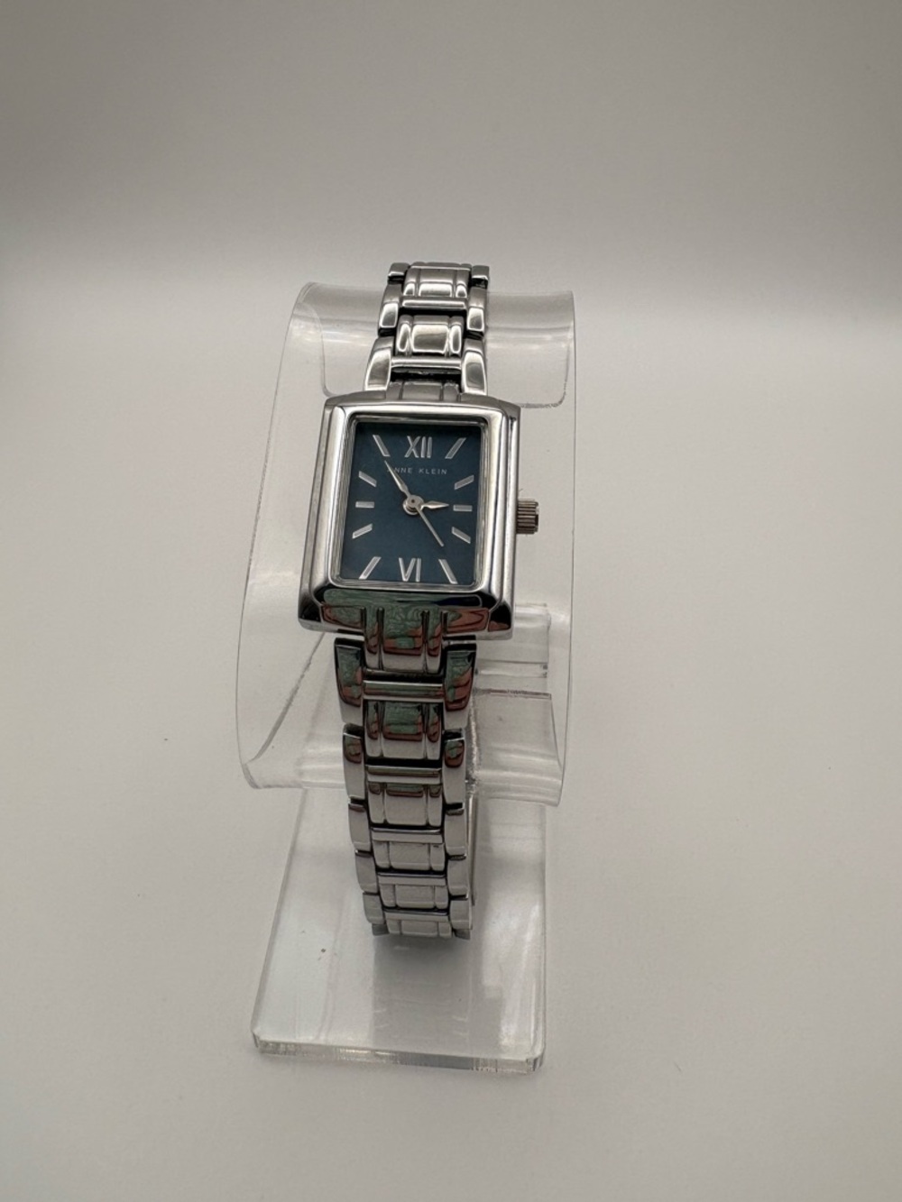 Anne Klein Silver Bracelet Watch Rectangle Blue Dial New Battery Works! AK2543